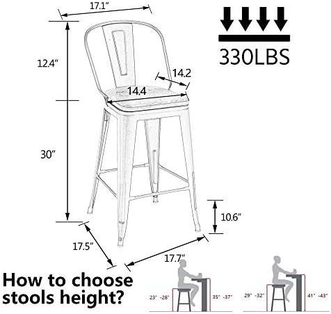 Alunaune 24" Swivel Metal Bar Stools Set of 4 High Back Counter Height Barstools Industrial Dining Bar Chairs with Large Wooden Seat-Matte Black