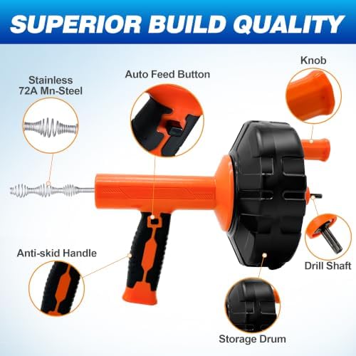 Drain Auger 33Ft, Auto-Feed Drain Clog Remover Plumbing Snake Drain Tools | Drill Adapter for Quickly Unclogging