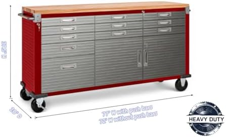 Heavy-Duty Rolling Workbench with Drawers and Cabinet, 77" W x 20" D x 37.5" H, (Red, 11 Drawer)