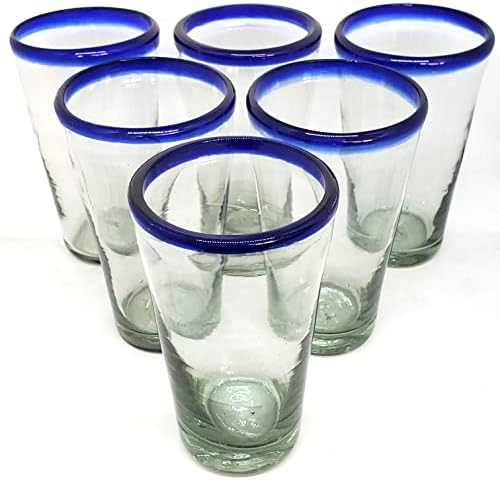 Cobalt Blue Rim 16 oz Pint Glasses (set of 6), Recycled Glass, Lead-free, Toxin-Free (16oz Pint)
