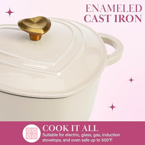 Paris Hilton Enameled Cast Iron Dutch Oven Pot with Lid, Heart-Shaped Dutch Oven, Durable Cast Iron Pot with Dual Handles, Oven Safe to 500°F, Works on All Stovetops, 2-Quart, Cream