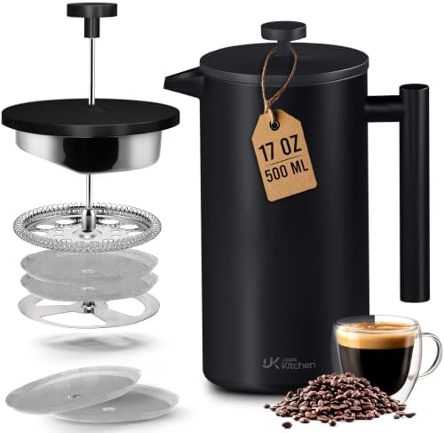 Utopia Kitchen 304 Grade Stainless Steel French Press 34 Oz, Silver | Double Wall Insulated Coffee Press with 4-Level Filtration System, Include 2 Extra Filters, Rust-Free, Dishwasher Safe