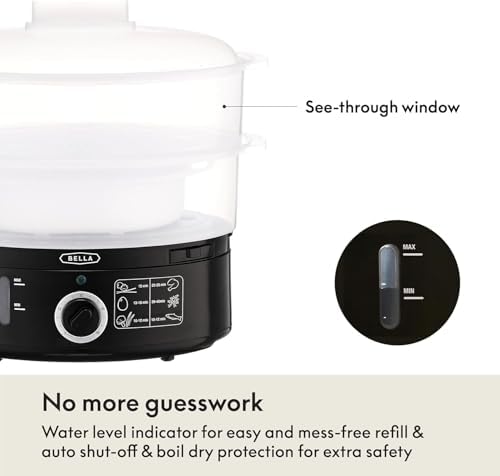 BELLA Two Tier Food Steamer with Stackable Baskets & Removable Base for Fast Simultaneous Cooking - Auto Shutoff & Boil Dry Protection, 7.4 QT, Black