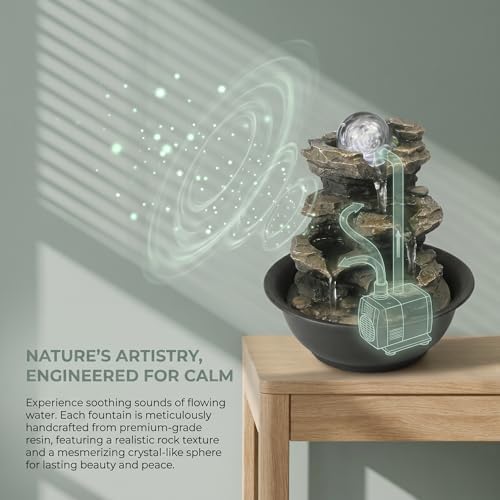 Rockery Indoor Water Fountain, Zen Meditation Tabletop Fountain with LED Lights & Crystal Ball for Home Office Bedroom 9 4/5"