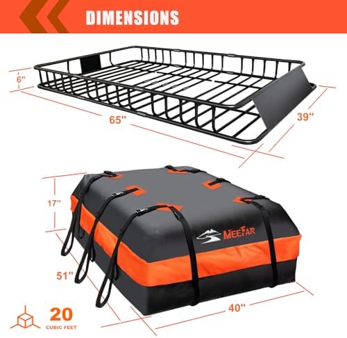 Roof Rack Rooftop Cargo Carrier Basket 65"*39"*6"+Waterproof Bag 20 Cu.Ft. | Roof Basket include Cargo Net with Hooks,Ratchet Straps,Combination Lock|200 Lbs Capacity,Universal Rooftop Large Roof Rack