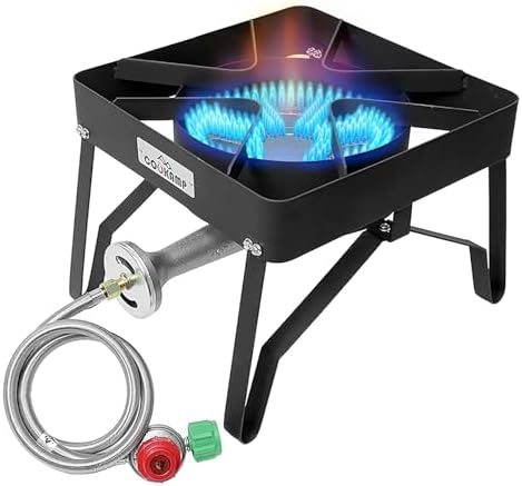 COOKAMP High Pressure 200000 BTU Banjo 1-Burner Outdoor Propane Burner Gas Cooker with 0-30 PSI Adjustable Regulator and Steel Braided Hose (Balck)
