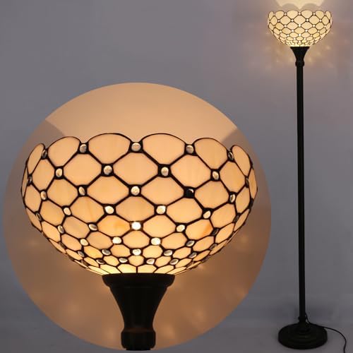 WERFACTORY Tiffany Floor Lamp Cream Amber Stained Glass Torchiere Light | 12X12X71 Inches Pole Standing Corner Torch Bead Uplight Decor Bedroom