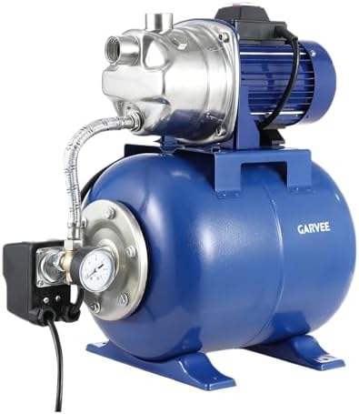 1HP Stainless Steel Water Transfer Pump with Well Pressure Tank – Shallow Well Pump & Irrigation Pump Combo, 130ft Max Lift, 20ft Suction Lift, Automatic Pressure Switch for Farm Use