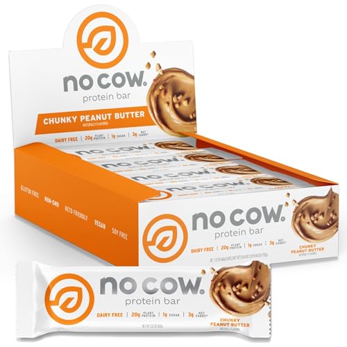 No Cow Peanut Butter Chocolate Chip Vegan Protein Bars, 12 Pack | 20g High Plant-Based Protein, High Fiber, Low Sugar, Gluten-Free, Dairy-Free, Soy-Free, Keto-Friendly Snack Bars