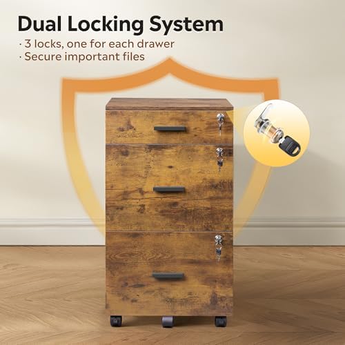 DEVAISE 3 Drawer File Cabinet with Lock & Wheels, Wood Printer Stand | Mobile Filing Cabinet Fits Letter/A4 Size; Rustic Brown Wood Printer Stand Keeps Home Office Files Secure And Organized