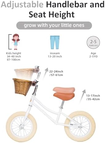 ACEGER 12" Kids Balance Bike with Basket, No Pedal Toddler Bicycle for Early Learning Leg Strength and Steady Balancing