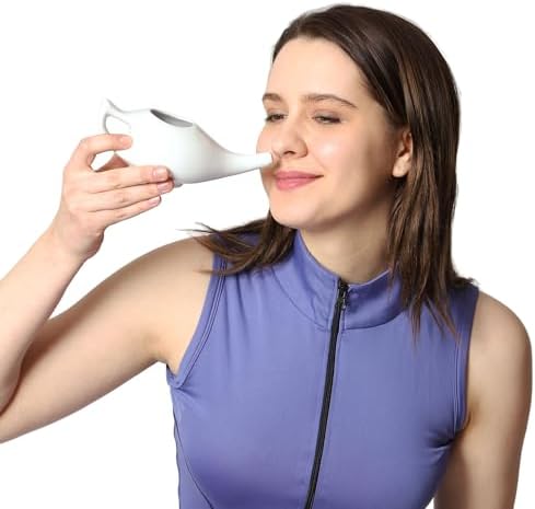 Ceramic Neti Pot Premium Handcrafted, Nose Cleaner for Sinus Dishwasher Safe with 2 Silicone Nozzle Tip, 225 Ml Capacity - White Color
