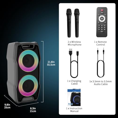 VeGue Karaoke Machine, Wireless Bluetooth PA System for Adults & Kids with Dual 8'' Subwoofers, 2 UHF Wireless Mics, Colorful LED Lights