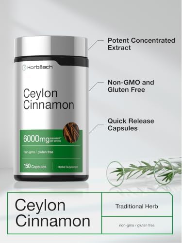 Horbäach Ceylon Cinnamon Supplement | 150 Capsules | Herbal Extract Pills | Non-GMO & Gluten Free
