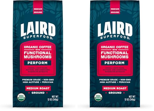 Laird Superfood Peruvian Dark Roast Coffee with Functional Mushrooms, Certified Organic Peruvian Ground Coffee Beans, Gluten-Free, Dairy-Free, Non-GMO