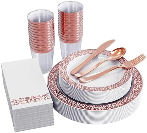 FOCUSLINE 175 Pieces Rose Gold Disposable Dinnerware Set for 25 Guests