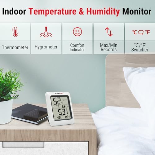 TempPro TP50 Digital Hygrometer Indoor Thermometer Room Thermometer | Humidity Meter Humidity Gauge with Temperature Humidity Monitor for House Office Celler Greenhouse RV (Previously ThermoPro)