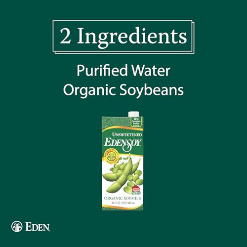 Edensoy Unsweetened Eden Organic Soymilk, Non-GMO, USA Whole Soy (Soya) Milk, Non-Dairy, Vegan, Plain, Shelf Stable, 32 oz (6-Pack)