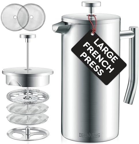 French Press Coffee Maker - 50oz Stainless Steel, Insulated Coffee Press | Large 6 Cup 50oz Capacity, Double Wall Keeps Coffee Hot, 4 Level Filter for Ground Free Coffee, 2 Extra Filters, Matte Black