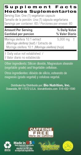 Bio Nutrition Moringa 5000mg 60 Vegetarian Capsules | Complete Green Superfood | Nature's Multivitamin | Energy and Gut Health
