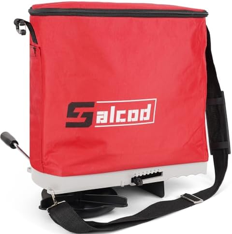Salcod 25 lb Bag Seed Spreader, Handheld Broadcast Fertilizer Spreader, Red | Waterproof Bag, Enclosed Gears, Rear Baffle, Adjustable Shoulder Strap