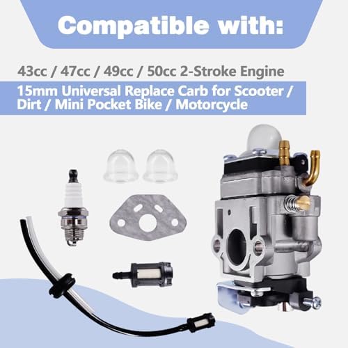 Carburetor Kit Fits for 43cc 47cc 49cc 50cc Scooter Dirt Mini Pocket Bike Motorcycle 2-Stroke Engine 15mm Replace Carb For Go-Ped BladeZ Cart Echo