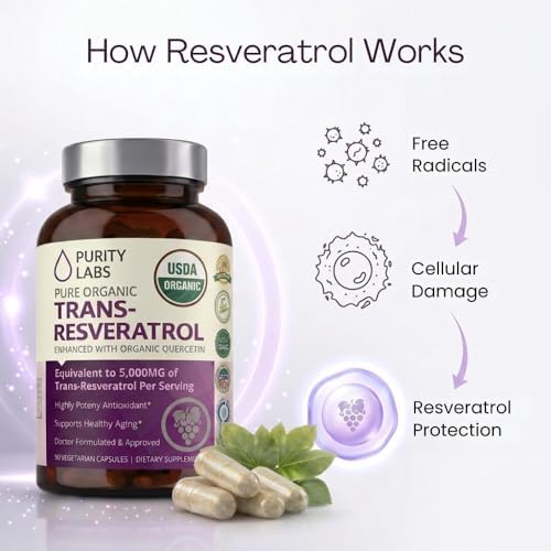 Purity Labs Trans-Resveratrol Supplement 5, 000 mg Equivalent per Serving with Quercetin, USDA Organic High Potency Antioxidant, Vegan Capsules