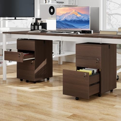 Mobile File Cabinet with 3 Drawers, Wooden Rolling Filing Cabinet with Lock, Under Desk File Organizer for A4/Letter/Legal Size, for Home Office, Study (White)