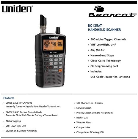 Uniden Bearcat BC125AT Handheld Scanner, 500-Alpha-Tagged Channels, Close Call Technology, PC Programable, Aviation, Marine, Railroad, NASCAR, Racing
