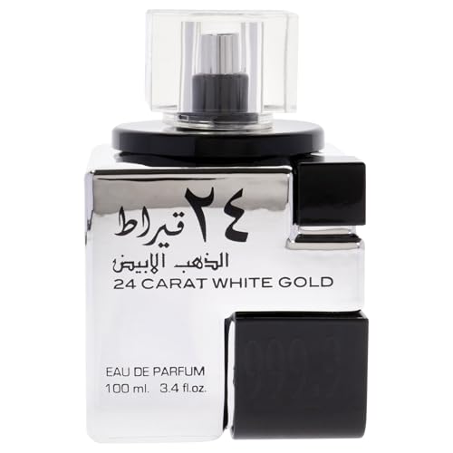 Lattafa 24 Carat White Gold – Fresh, Spicy, Woody – Eau de Parfum Spray Long-Lasting Fragrance for Unisex, 3.4 Ounce / 100 ml