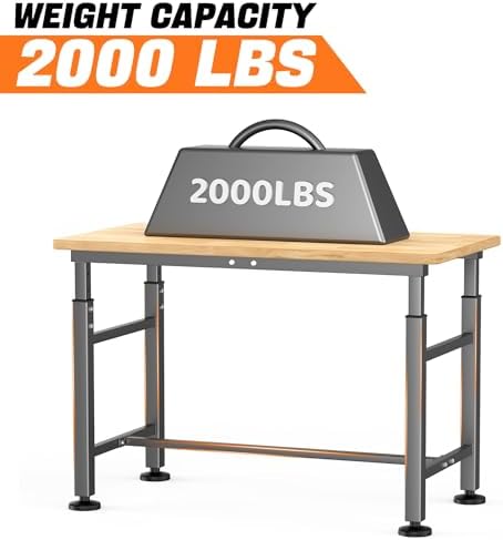 TORACK Adjustable Workbench with Rubberwood Top, Rolling 32x18 in Worktable | Height adjustable 28"–38", heavy-duty garage workbench with Wheels, up to 1000 lbs