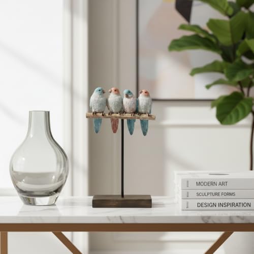 Comfy Hour Bird Figurines Home Decor, 9.8 Inch Decorative Birds Sculpture, Pastel Sparrows on Rustic Branch, Polyresin Tabletop Ornament for Shelf