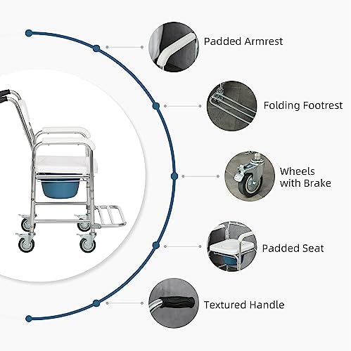HOMCOM 3-in-1 Shower Commode Wheelchair, FSA/HSA Eligible Transport Beside Commode Chair