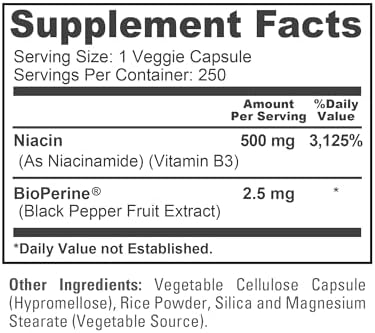 Flush Free Niacin, Non-GMO, Vegan 500mg, 250 Veggie Capsules - 250 Servings