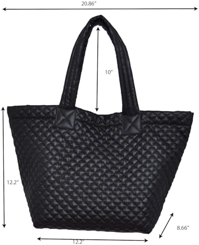 Comfortable Lightweight Large Quilted Zipper Tote with Pouch water repellent Black