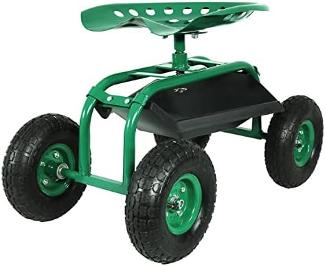 Sunnydaze Rolling Garden Cart with Swivel Seat and Storage, Green | Steel Rolling Gardening Seat with Utility Tray, and Basket for Storage, Rotating, Swiveling Motion