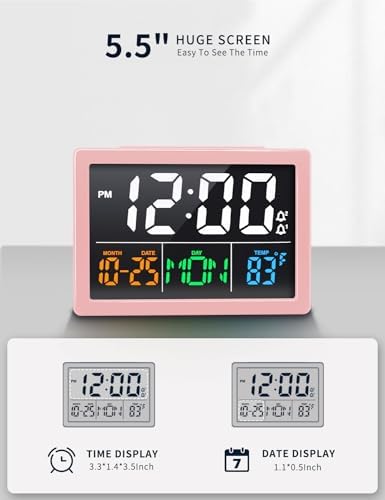 JALL Digital Clock with Date Day for Seniors, Electric Alarm Clocks for Bedrooms with Temperature, 2 Alarms, Dimmer, Dual USB Charger, Battery Backup