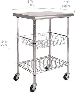 Stainless-Steel Commercial-Grade NSF-Certified Prep Table Cart, 24"W x 20"D | Heavy-duty durable utility workstation supports up to 450 lb w/ adjustable wire shelf and sliding basket on locking wheels