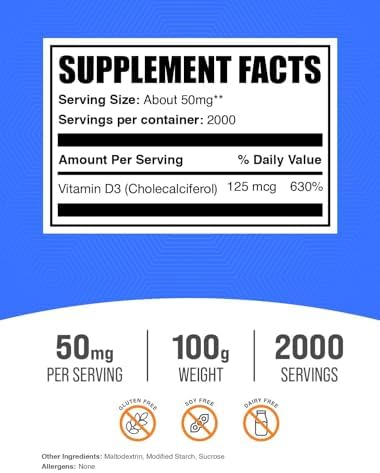 BulkSupplements.com Vitamin D3 Powder - Cholecalciferol, Vitamin D Supplements, 5000 IU - Gluten Free, 50mg (125mcg of Vitamin D3) per Serving, 250g (8.8 oz) (Pack of 1)