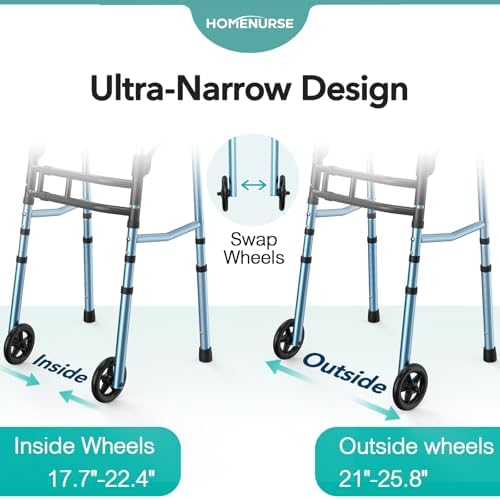 HOMENURSE Folding Walkers for Seniors with Skis, Width & Height Adjustable | Narrow Walker with 5" Wheels for Small Spaces, Aluminum Lightweight Standard Rolling Walker, Supports Up to 300lbs, Silver
