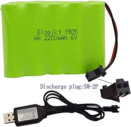 Blomiky 6V 2200mAh Ni-MH 5 AA Rechargeable Battery Pack with SM-2P Black 2 Pin Connector Plug and USB Cable for RC Truck Cars Vehicles 6V NiMh