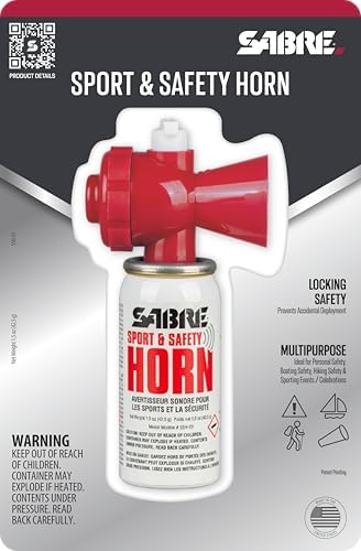 SABRE Sport and Safety Horn, 130 dB Air Horn, 60 ¼ Second or 25 ½ Second Bursts, Audible Up to 1/2-Miles (804-Meters), Perfect for Use at Sporting Events, Boating, Camping, Hiking