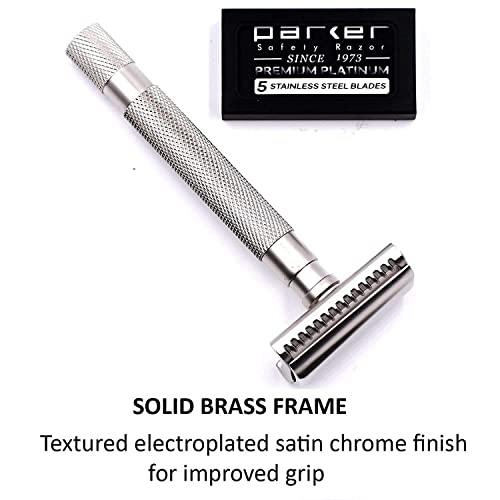 Parker Semi-Slant Safety Razor – Satin Chrome Finish | Smooth, Efficient Double Edge Wet Shaver for Men | Slanted Cutting Action + 5 Platinum Blades Included | Iconic Brand