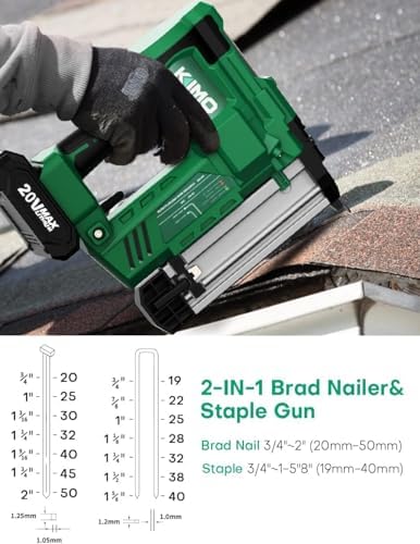 KIMO 18 Gauge Nail Gun Battery Powered w/ 2 X 2.0Ah Battery, 1000pcs Nails and Staples, 2 IN 1 Cordless Brad Nailer and Stapler, 2 Firing Modes