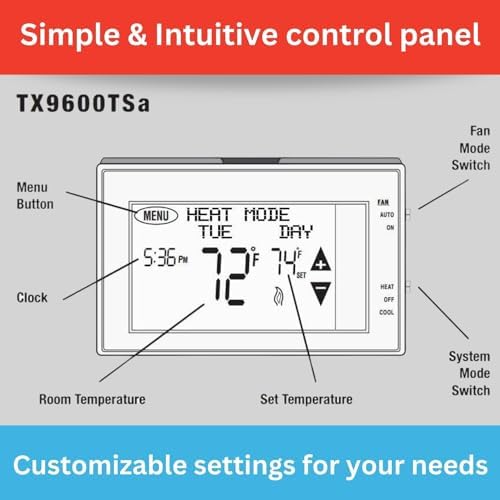 TX9600TS Programmable 7-Day Large Touchscreen Heating Cooling Thermostat, White | Large Touchscreen, Heating Cooling