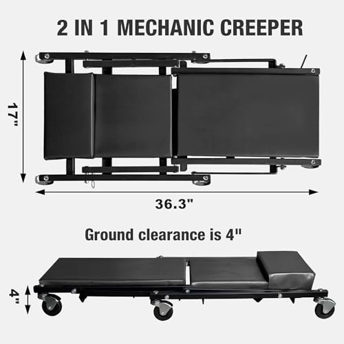 BIG RED Rolling Garage/Shop Creeper: 2-Piece, 36" Padded Mechanic Cart with Headrest and 6 Casters, Red,AR7565B,Torin