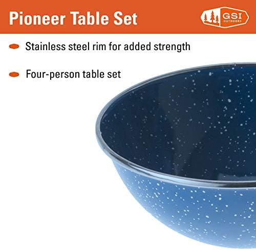 GSI Outdoors Pioneer Enamel 12 Pieces (4-Person) Dish Set I Enamelware Dishes Including Plates, Bowls and Mugs for Camping, Outdoors, RV, Camp, Blue