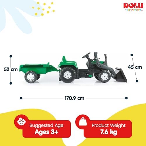 DOLU Pedal Operated Ride On Tractor for Kids with Full Ranchero Trailer, Indoor Outdoor Toy Vehicle with Front Loader & Hauling Trailer for Ages 3–6