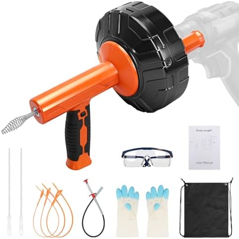 45 FT Drain Snake Auger Manual & Drill Powered Auto Retract | Drill Attachment Adapter, Automatic Feed & Retract Cable