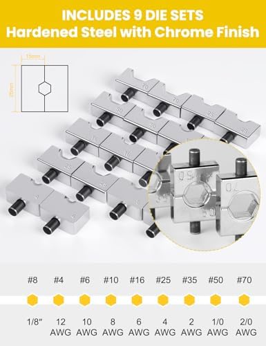 10 Tons Hydraulic Crimping Tool, 12 to 2/0 AWG battery cable crimper | 9 Pairs of Dies hydraulic crimper, for Battery Cable Lugs, Cable Railing, Marine, RV and Solar Wiring